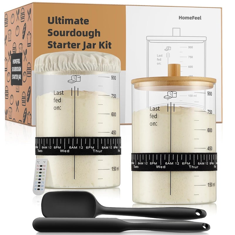 HomeFeel Premium Sourdough Starter Jar - 34 Oz Large Glass Jar with Bamboo Lid, Cloth Cover, Date Tracker, Thermometer and Scraper, Stylish Design and Wide Mouth Starter Kit (2 Pack) - Image 1
